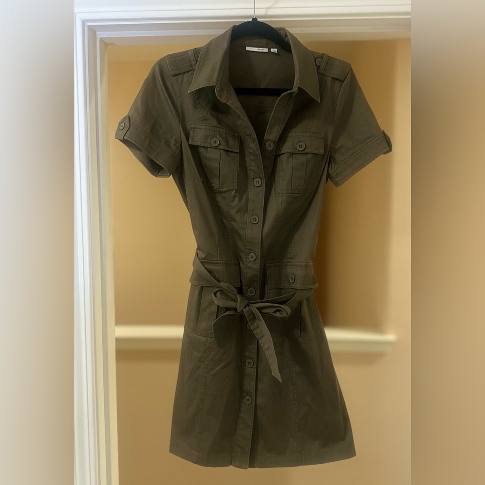 Women’s Halogen Green Safari Military Button Down Cotton Blend Shirt Dress Sz 6.
